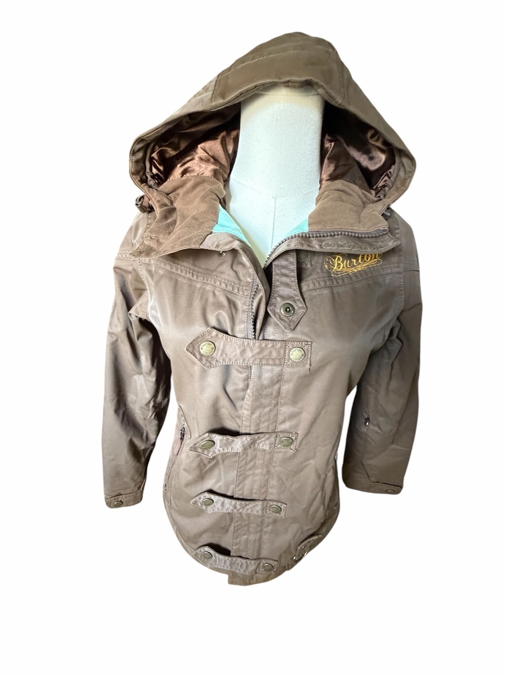 Burton Dryride Brown Hooded Snowboard Jacket with Zip Button Front XS